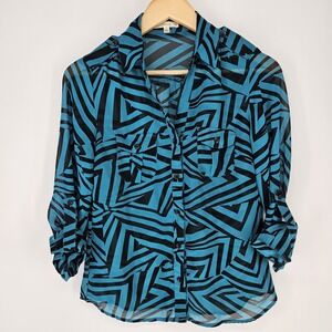 Timing Button Down Women S Blue Geometric Sheer Roll Tab Sleeve Blouse Shirt